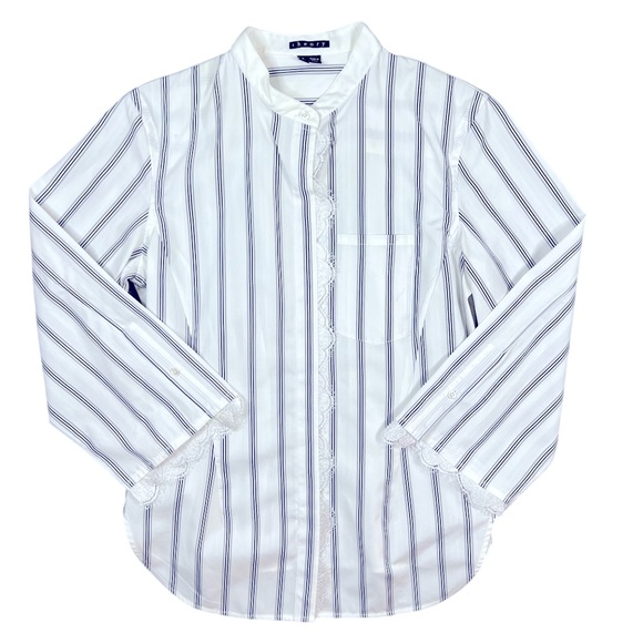 Theory Women’s Small White Blue Striped Button Up Lace Trim Blouse - Picture 2 of 9